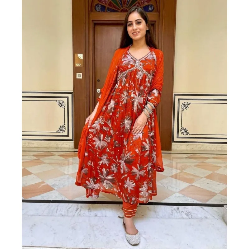 

Indian Handmade Rayon Printed Work Anarkali Kurti Pant Dupatta Women Salwar Suit