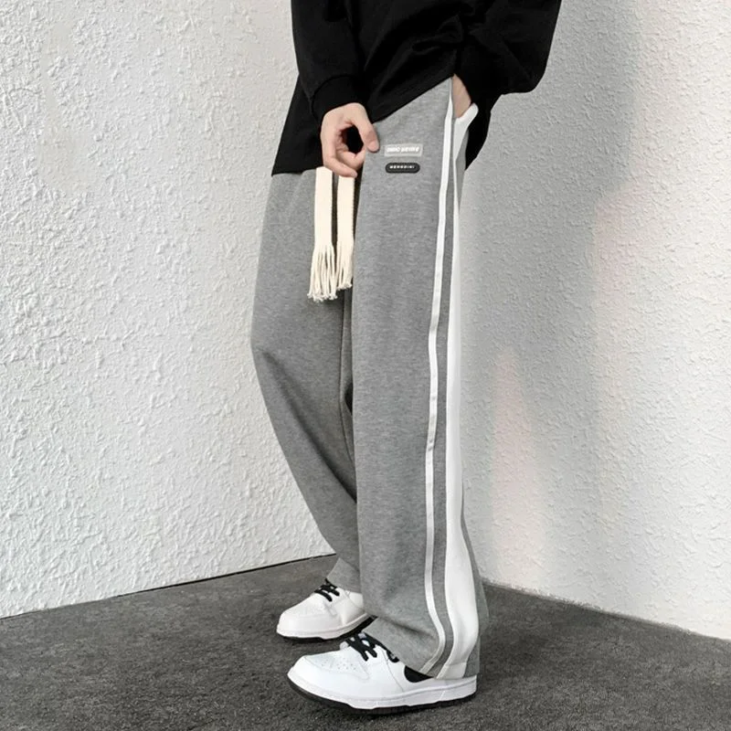 Korean Fashion Casual Sports Pants Trendy Wide Leg Pants Men Stripe Elastic Waist Drawstring Pockets Loose Straight Trousers