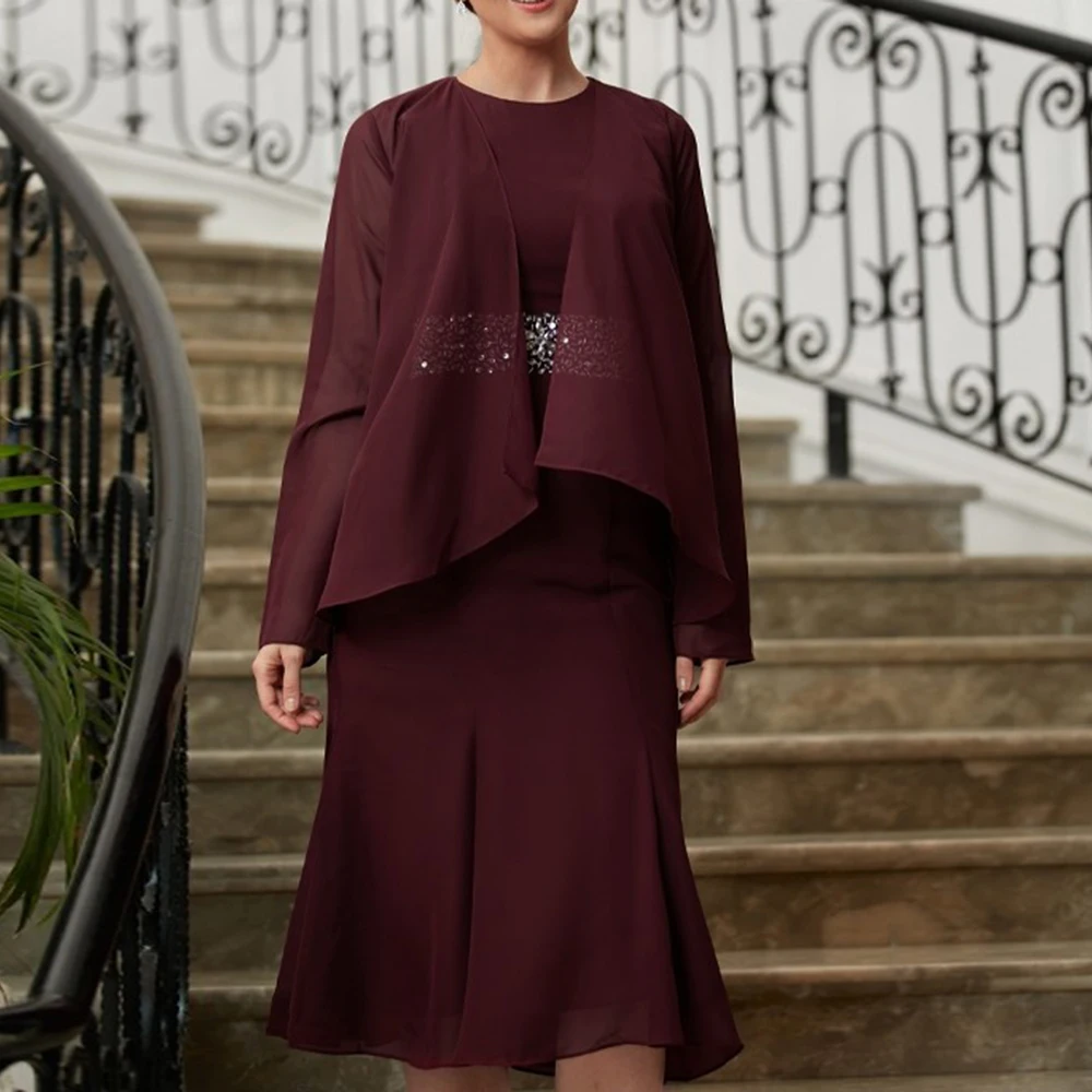 

Burgundy Mother of the Bride Dresses O-Neck High Waist Sequined Tea-Length Prom Gown With Jacket Long Sleeve Chiffon Mom Dress