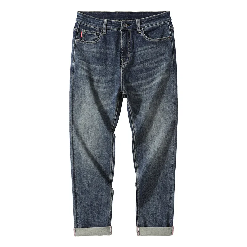 Winter Men's Fleece Slim Straight Jeans Retro Washed Elastic Cotton Black Blue Denim Pants Fashion Korean Brand Clothing