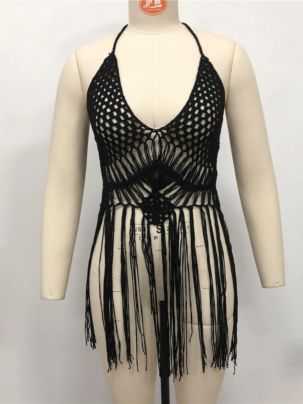 Sexy Long Fringe Tassel Crochet Knitted Tunic Top Beach Dress Beach Wear Beachwear Beach Cover Up Cover-upsFemale Women V5573 5