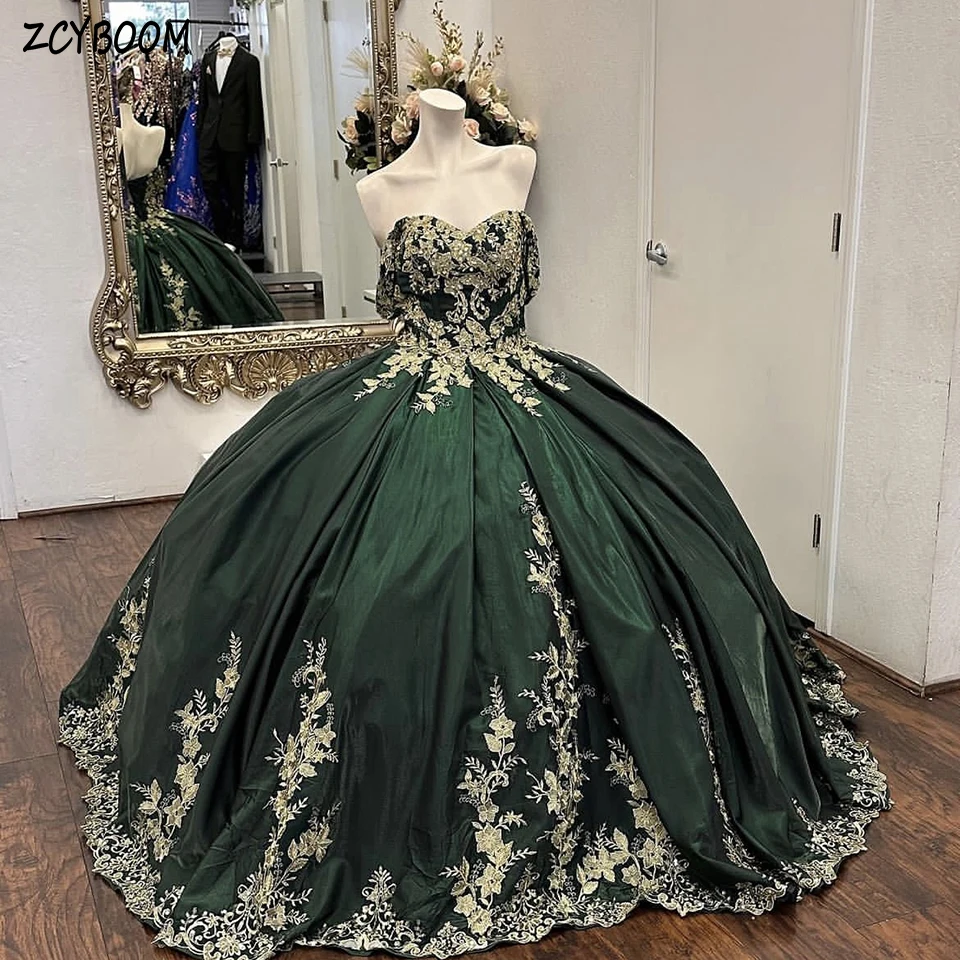 

Luxury Dark Green Sweetheart Appliques Off The Shoulder Quinceanera Dress 2023 Ball Gown Floor Length 15 Anos Prom Pageant Dress