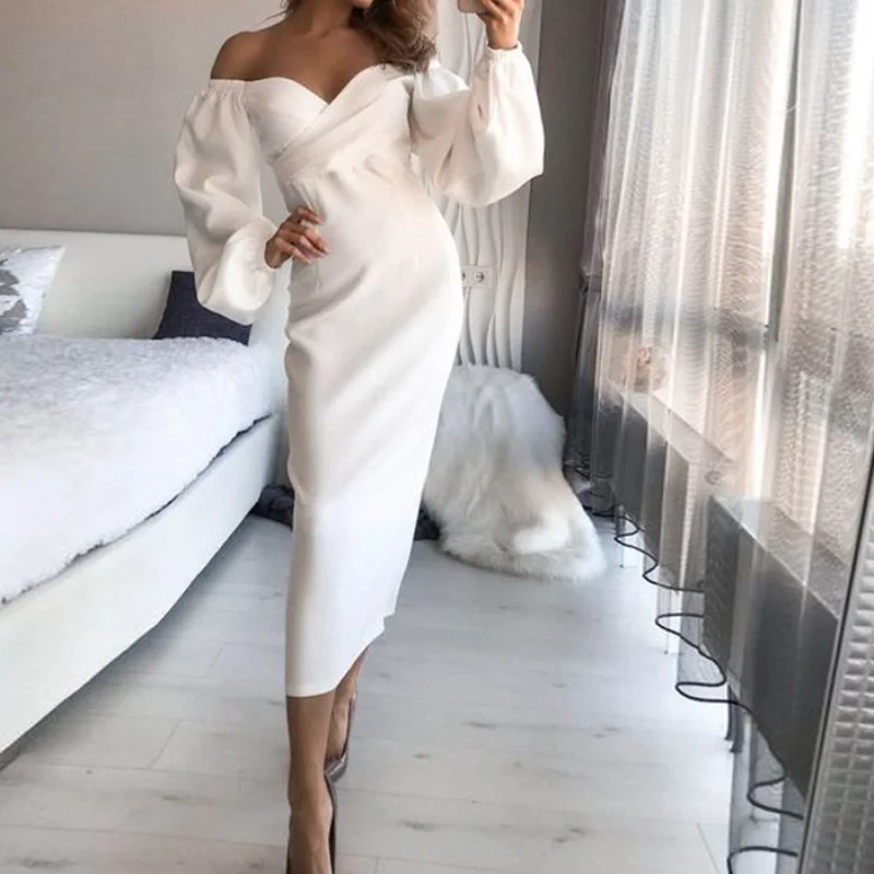 

New Summer Women's White Solid Color Puff Sleeve V-neck Nailless High Waist Sexy Raglan Sleeve Pencil Long Skirt Fashion Women