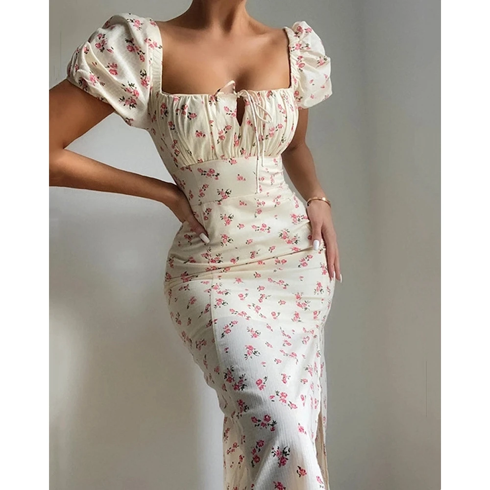 

Fashion Women Summer Floral Print Tied Detail Slim Midi Dress Femme Square Neck Puff Sleeve Slit Dress Robe Casual Clothing traf