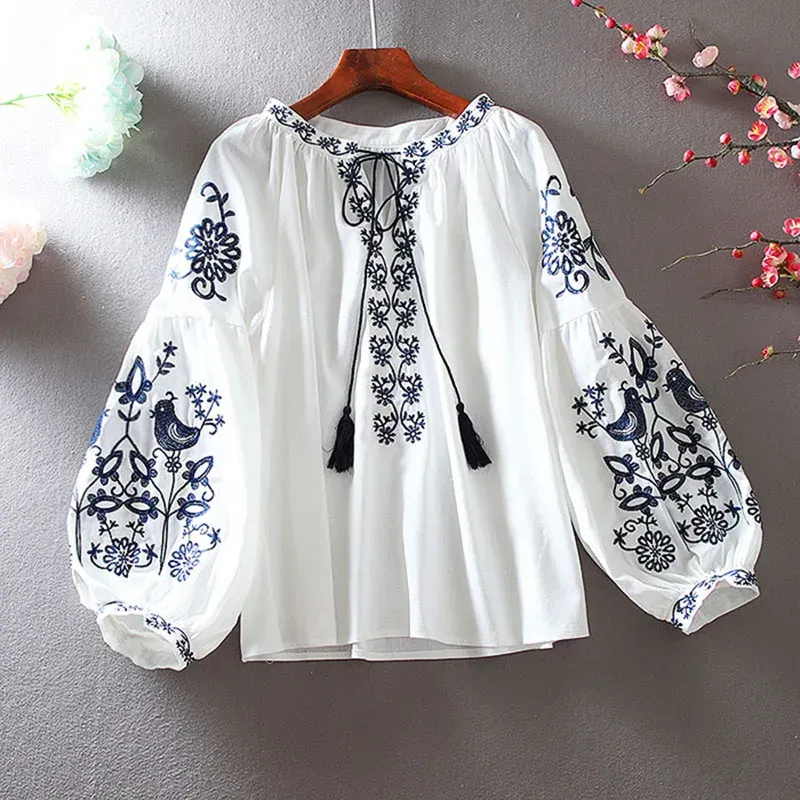 Women's Retro Blouse National Style Embroidered Lace-Up Tassel V-Neck Lantern Sleeve Tops Loose Casual Female Shirt A28