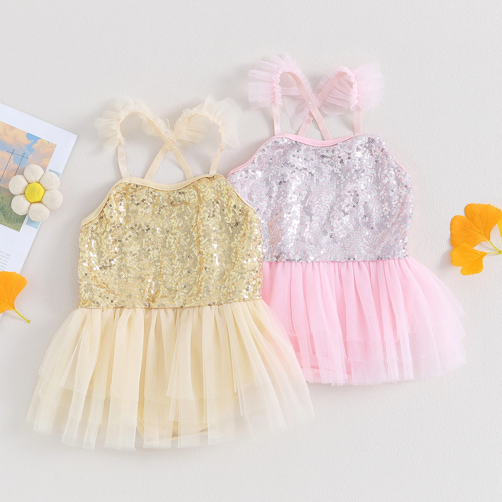 

Princess Baby Girls Romper Mesh Tutu Dress Toddler Sleeveless Shiny Sequins Tulle Halter Bodysuit Newborn Summer Clothes Outfits