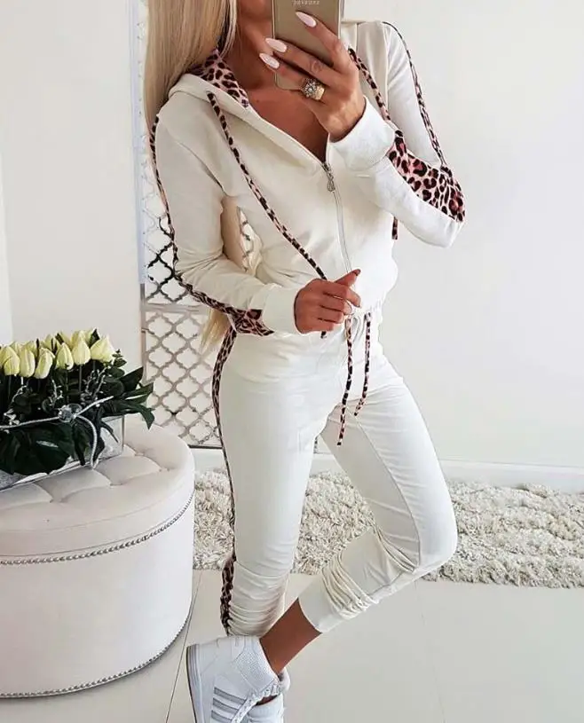 Leopard Zipper Design Drawstring Hooded Top and Pants Set Casual 2023 New Hot Selling Fashion Women's Wear women s new 2023 hot selling casual fashion zipper design elastic waist pullover pants in stock