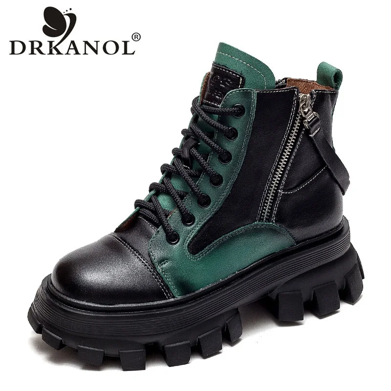 

DRKANOL Autumn Winter Mixed Colors Ankle Boots For Women Handmade Retro Genuine Cow Leather Wedges Heel Platform Casual Boots