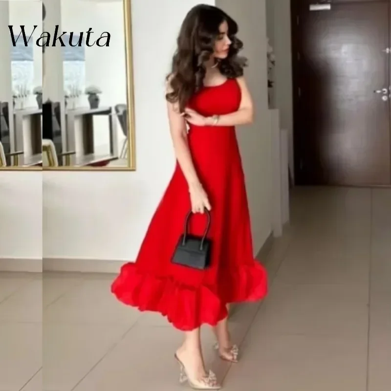 Wakuta Exquisite Square Collar Sleeveless Satin Dresses Ruffled Hem Formal Dinner Cocktail Party A-Line Vestidos De Graduaci&oacute;n