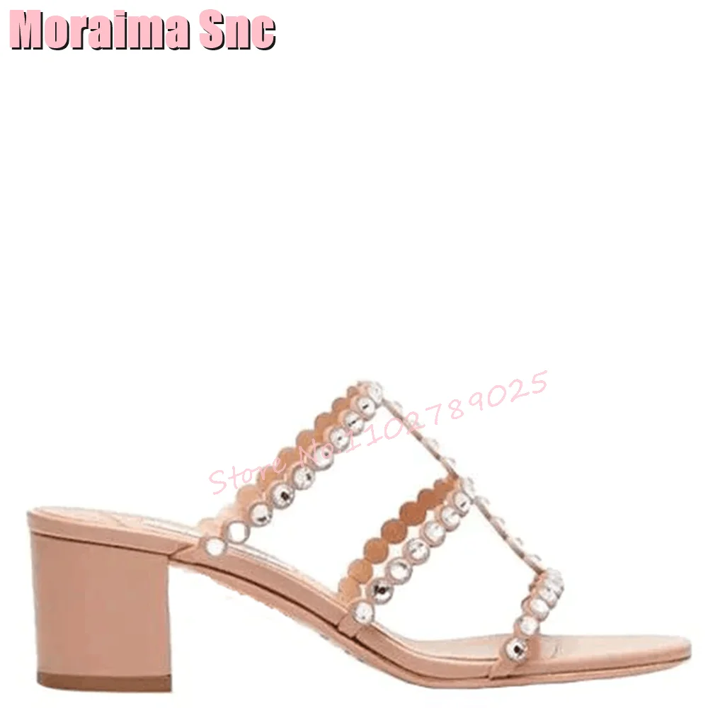 Crystal Hollow Thong Strap Slippers Round Open Toe Block Mid Heel Slip On Women Shoes Summer Slides Nude Solid Sexy Casual 2023