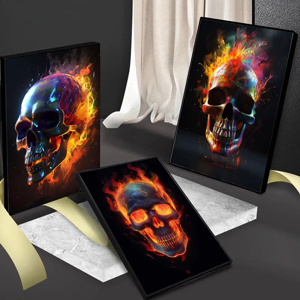 Abstract Weed Skull Posters and Print Flames Skull Canvas Painting Wall Art Pictures For Living Bedroom Room Home Decoration