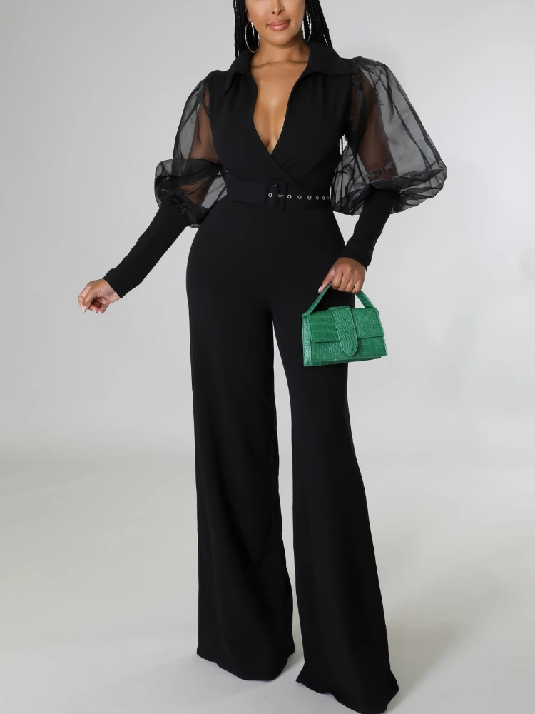 

Jumpsuits for Women Dressy Wrapped V Neck Tulle Lantern Sleeve Belted Wide Leg Jump Suit Chic Party Club 1 Piece Outfits Romper