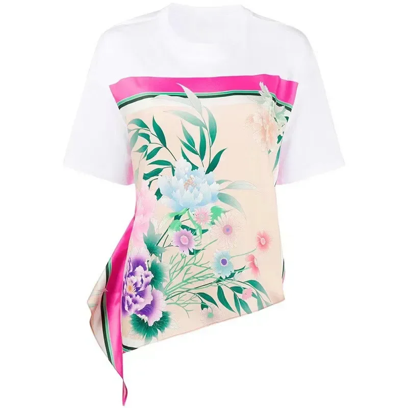 

Женская футболка с цветочным принтом, Повседневная летняя футболка с круглым вырезом и коротким рукавом, 2024