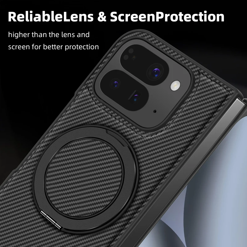 ELVEV Business Magnetic PU Leather Phone Cover with Carbon Fiber Texture and 360° Rotating Bracket