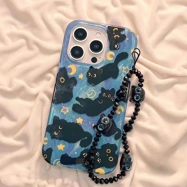 Cute Laser Silver Blue Black Cat Butterfly Phone Case Cover