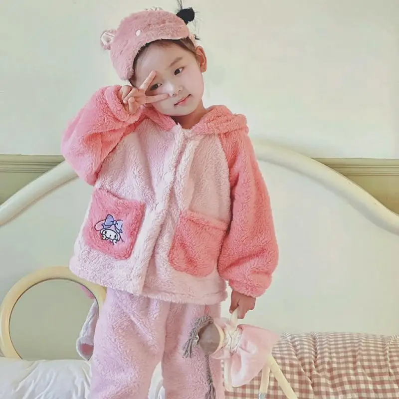 

Sanrioed My Melody Cinnamoroll Girls Plush Pajamas Set Cartoon Children's Autumn and Winter Warm Hooded Homewear Pajamas Gift