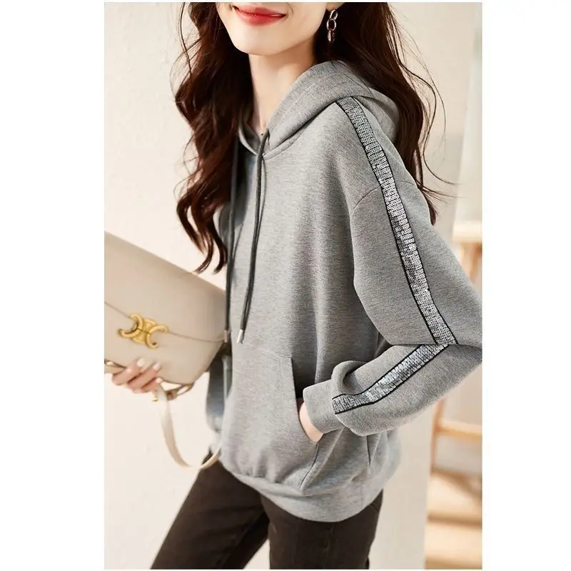 Autumn Winter Women's Pullover Hooded Drawstring Bandage Solid Sequin Pocket Long Sleeve T-shirt Hoodies Fashion Casual Tops