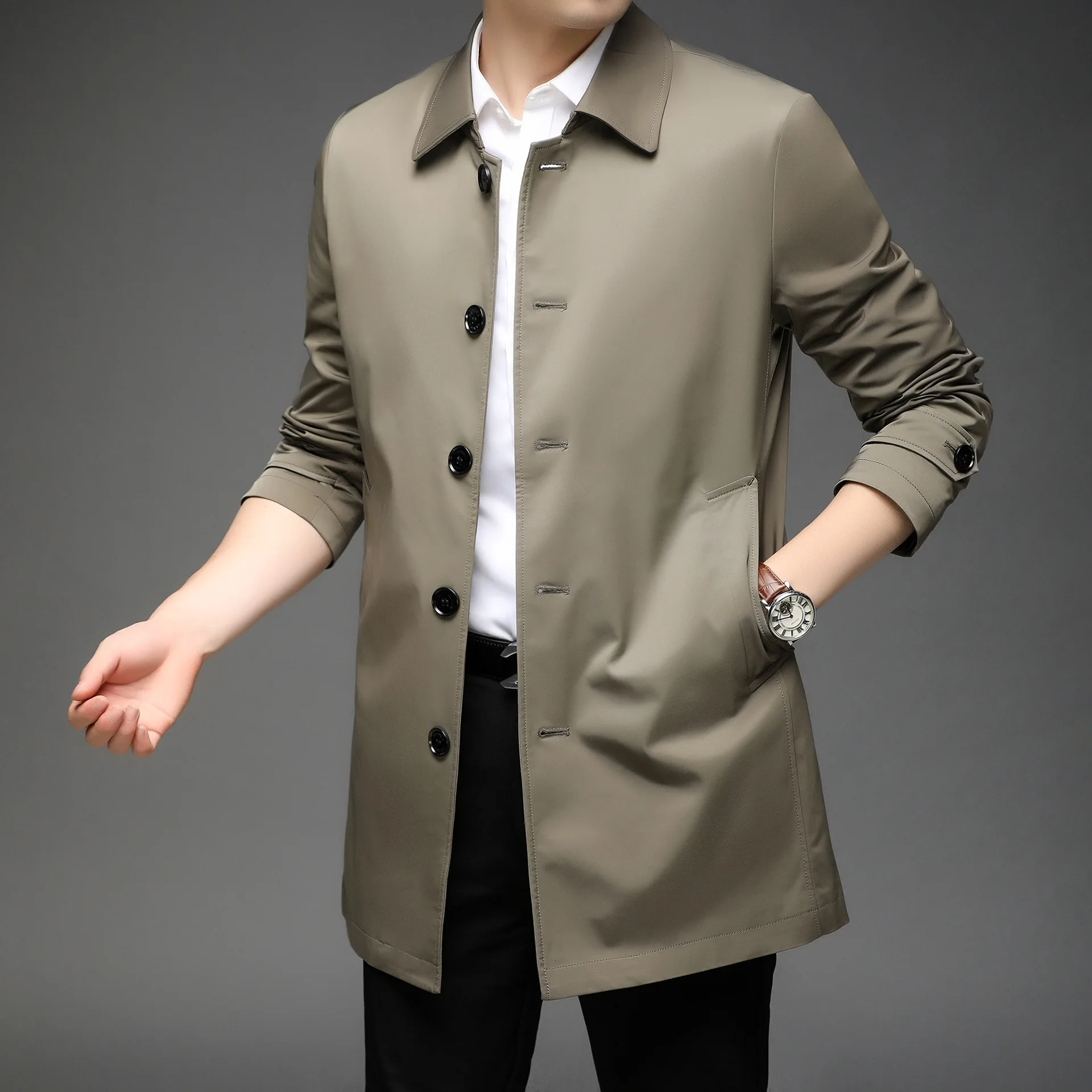 Men's Trench Coat, Medium Length, British Coat, Outerwear, Double Breasted, Fashion, Spring, Autumn, 4XL