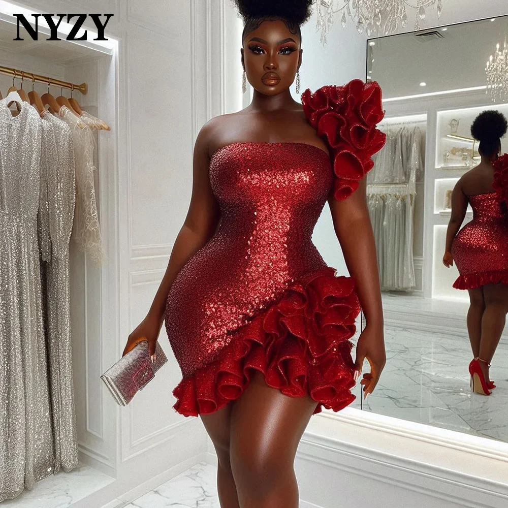 NYZY C375 One Shoulder Ruffles Red Sequins Mini Dresses for Date Party Prom Cocktail Birthday Homecoming