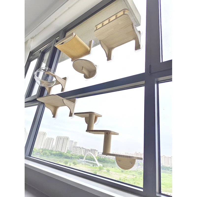 Punch-Free Suction Cup Solid Wood Cat Climbing Frame Wall-Mounted Sky ...