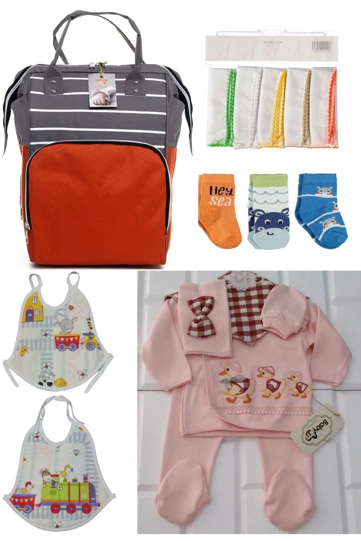 

6 Piece Birth Set (Baby Care Backpack, hospital Exit, 10-Wipes, 3-Socks And 2-Pb Set) Orange