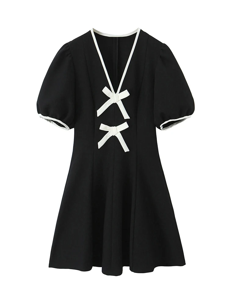 Women's Contrast Bow Short Dress Elegant Puff Short Sleeve V Neck Dress Sexy New Style Female Fashion Party Casual Mini Dress