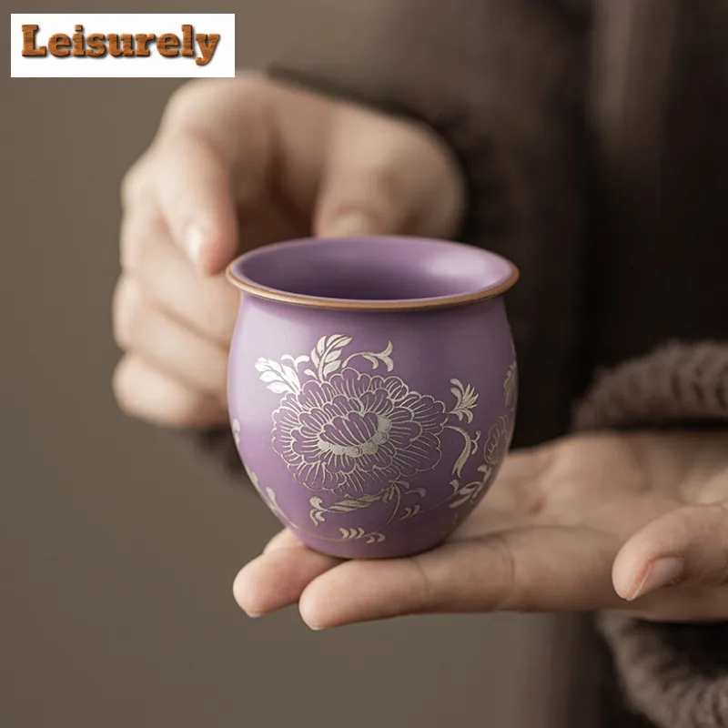 2pc/lot Purple Ru Kiln Gilded Silver Peony Entangled Lotus Teacup Tea Bowl Mug Tea-tasting Meditation Cup Jianzhan Master Cups