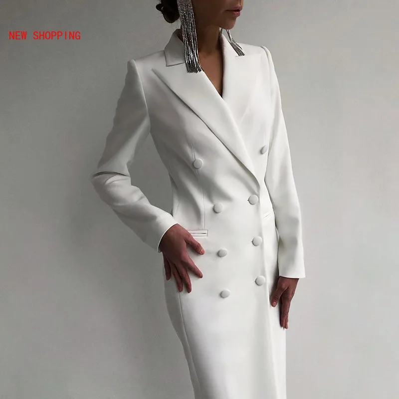 White Elegant Double Breasted Sashes Women Suit Dress 2022 Autumn