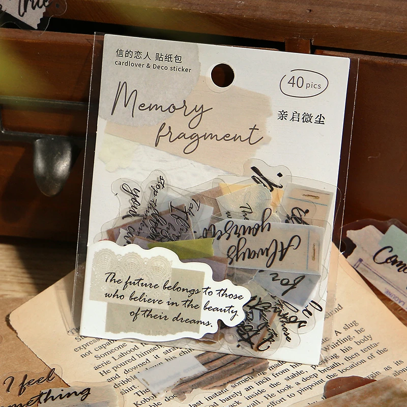 40PC Vintage Memory Fragment Word Letter PVC Sticker Package DIY Diary Junk  Journal Decoration Label Stickers Album Scrapbooking