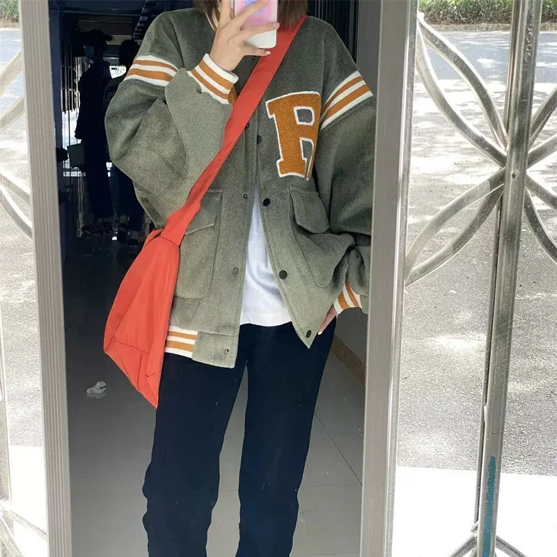 Green Woolen Coat Women's 2022 Autumn and Winter Thickened Loose All-match American Retro High Street Jacket Baseball Uniform X2