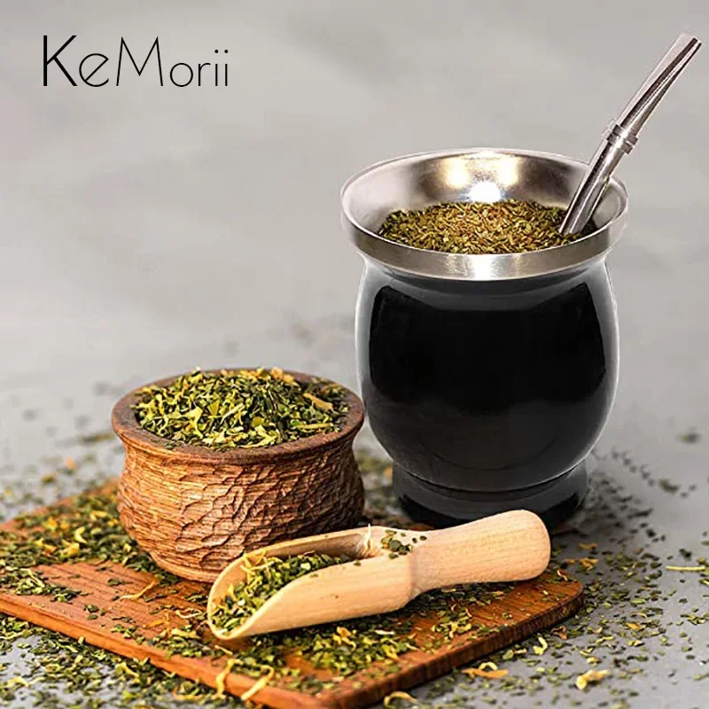 8oz Yerba Mate Cup 304 Stainless Steel Double Wall Kemorii Argentine Yerba Mate Gourd With Bombillas and Cleaning Brush yerba mate cup