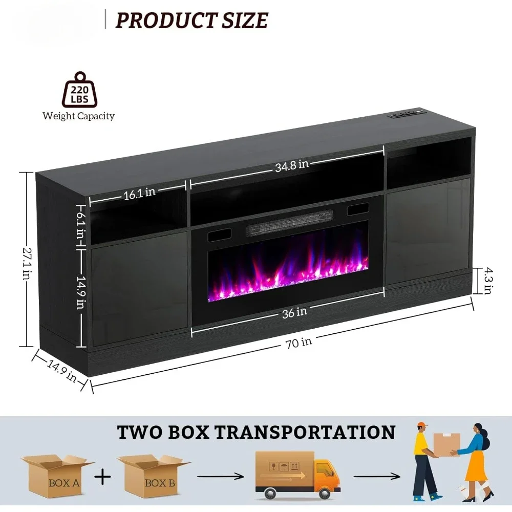 Electric Fireplace TV Stand, Led Entertainment Center-70 inch TV Stand with 36" Electric Fireplace, Living Room Tv Cabinet 5