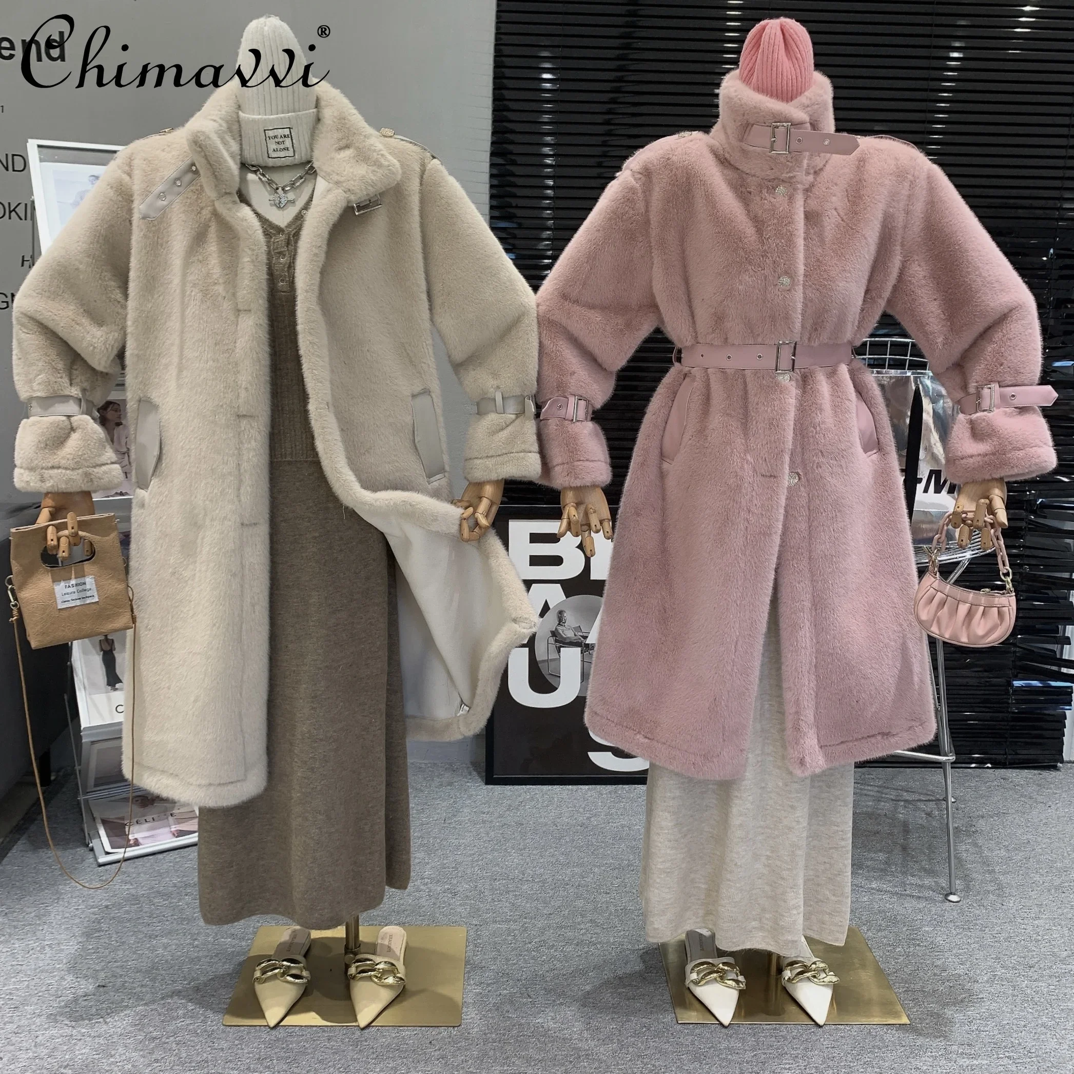 

Korean Style Elegant Lady Mink Fur Stand-up Collar Tie Coat Women Sweet Fashion Long Sleeve Warm Mid-Length Jackets Winter
