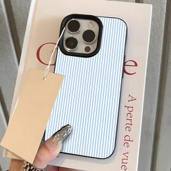 Light Blue Stripe Pattern Lychee Soft Phone Case Cover - iPhone 15 Plus (Black)