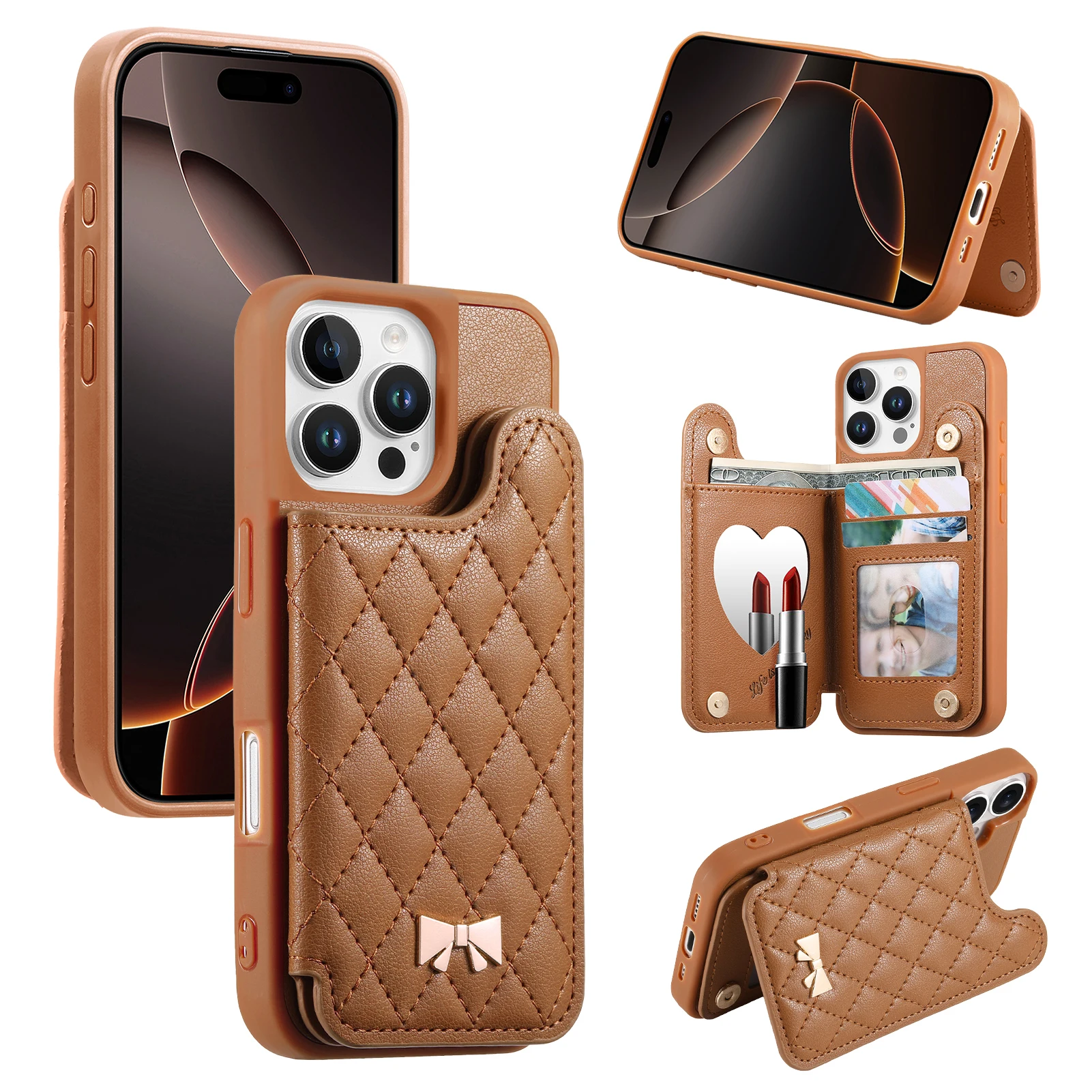 Grid Pattern Leather Phone Case with Built-in Mirror and Card Pocket Wallet Cover