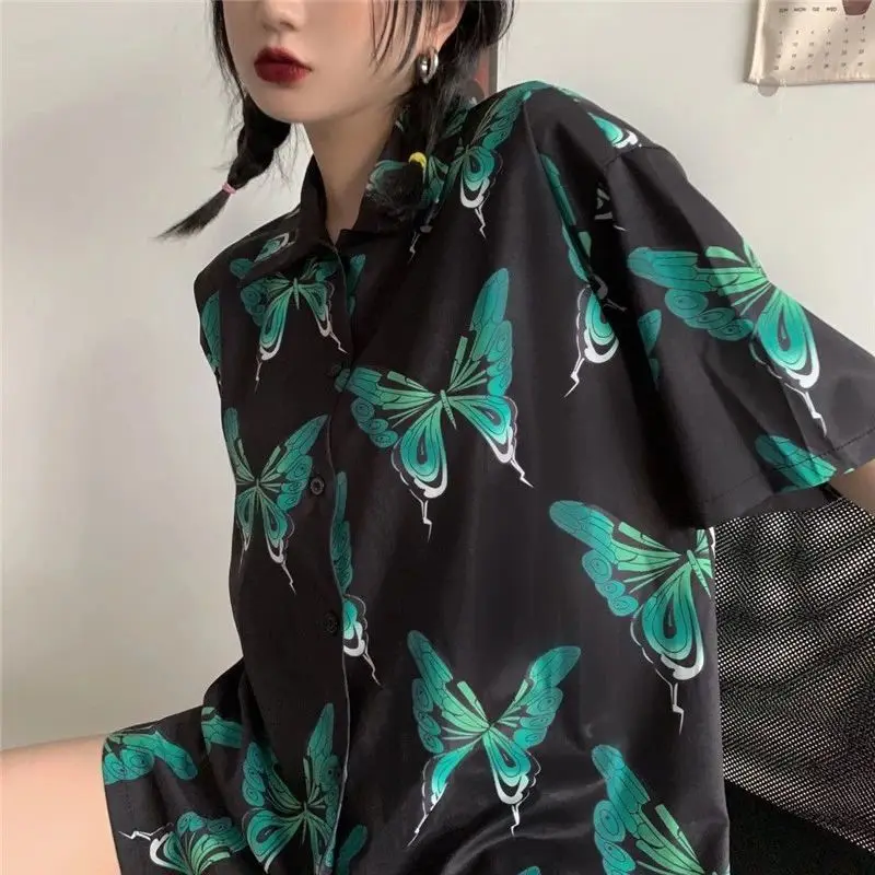 Harajuku Blouse for Women Pattern Shirt Butterflies Print Graphic Cardigan Korean 2023 Fashion Large Size Y2k Vintage Tops