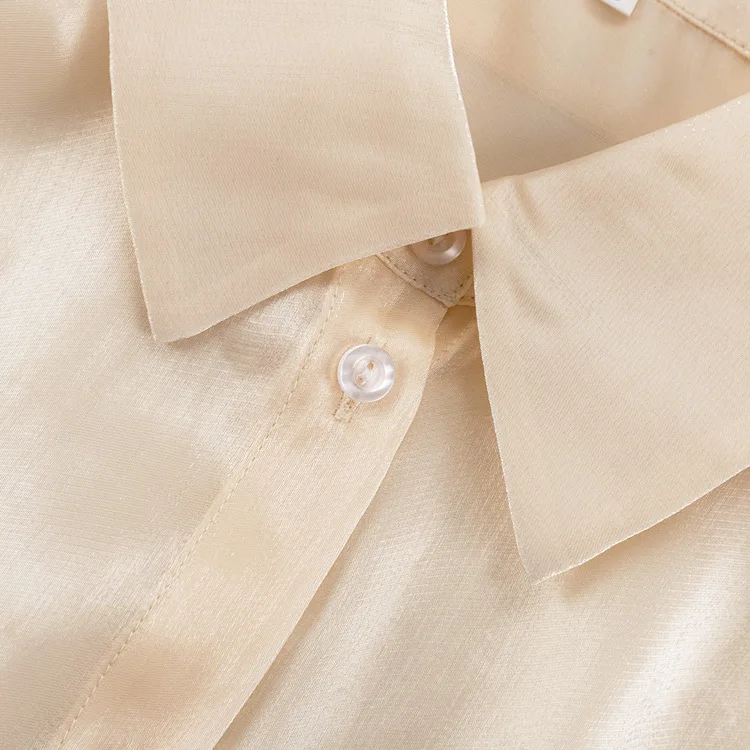 Blusa informal holgada transparente con solapa y manga larga con cordones para mujer, ropa de verano 2025, con parches lisos