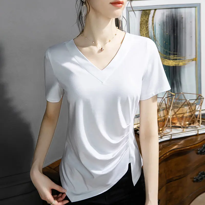 Stylish V-Neck Solid Color All-match Folds Irregular Blouse Women's Clothing 2023 Summer New Casual Pullovers Asymmetrical Shirt