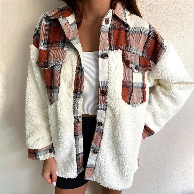 4-color Autumn and Winter Plaid Shirt Women's Warm Casual Jacket Jacket Single-breasted Printing Long-sleeved Stitching Pockets