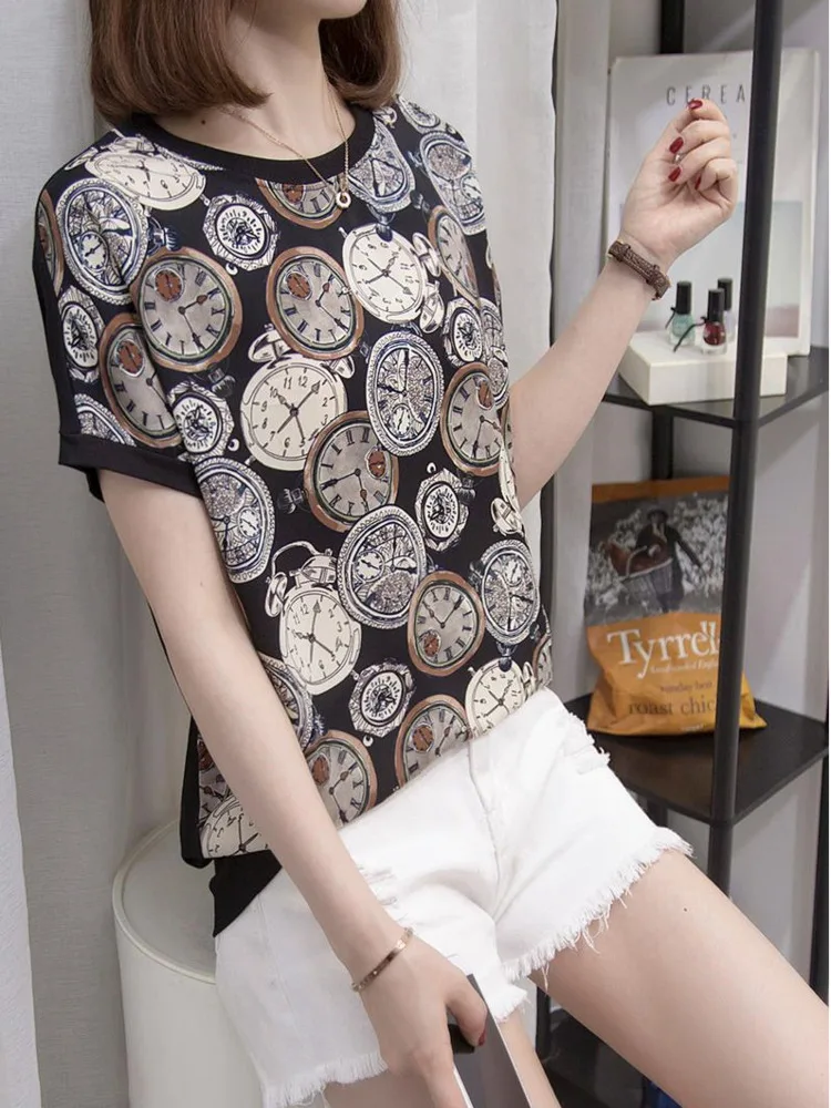

L-4XL Large Size Chiffon Splicing T-shirts Summer Women Fashion Short Sleeve Vintage Print Tshirt Cool Loose Tees Tops Femme
