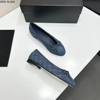2026 New Design Denim Blazer Spring Autumn Ballet Flats Leather Round Toe Bow Comfortable True to Size Women Shoes ballet shoes 1