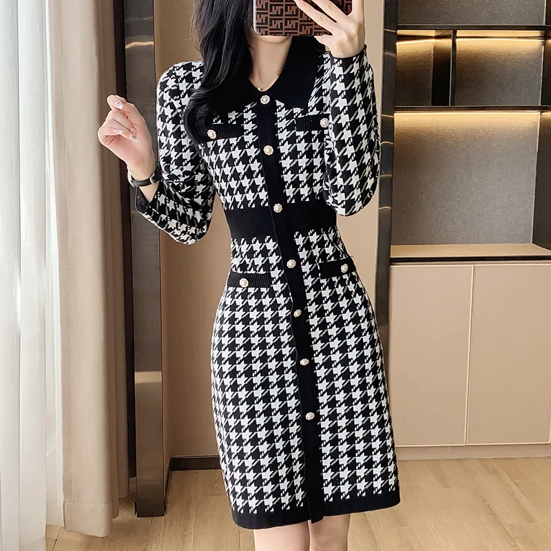 Fashion Black White Checkered Houndstooth Dress Women Long Sleeve Sheash  Pencil Mini Dresses Office Lady Single Breasted - AliExpress 200000345