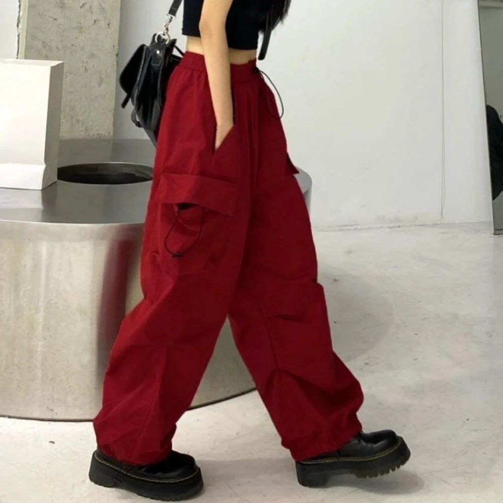 Elasticated Waist Women Drawstring Pants Multi-pockets Hip Hop Wide Leg Pants Black Red Sweatpants Baggy Cargo Pants Yoga