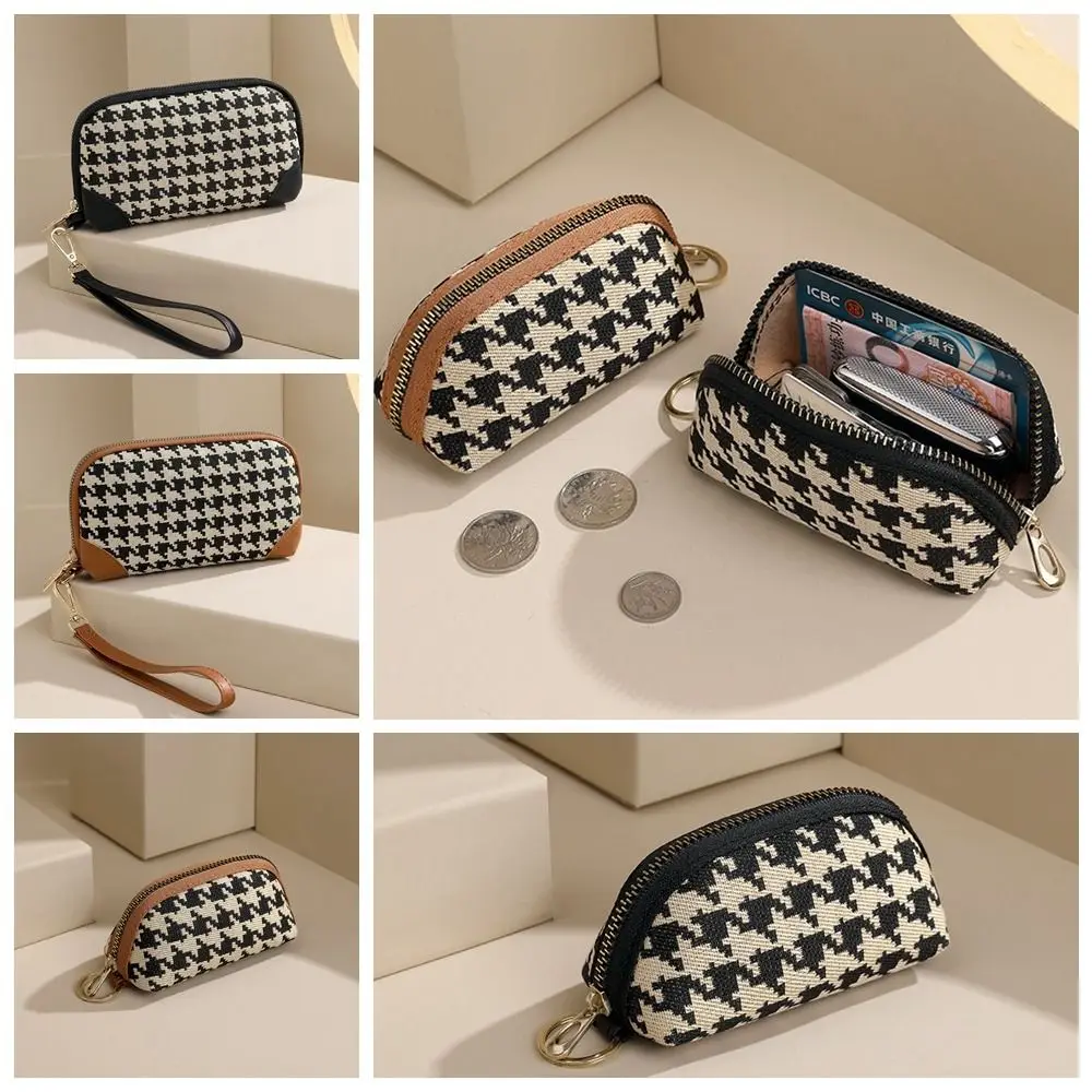 

Pu Leather Long Style Wallet Printing Canvas Houndstooth Zipper Purse Card Holder Car Key Bag Square Change Purse Outdoor
