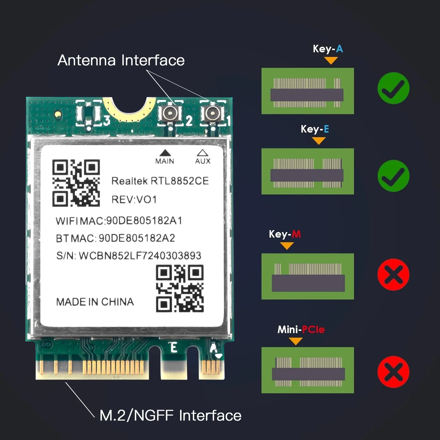 RTL8852CE WiFi 6E AX5400 M.2 네트워크 카드 802.11AX 블루투스 5.3 무선 어댑터 트라이 밴드 2.4/5/6GHz for Windows 10/11