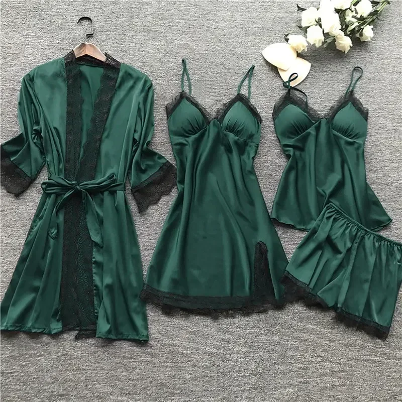 

V-neck Spring Pajamas Satin Sleep Nightwear Nightdress Cami Home Robe Nighties 4pc Womens Wear Suit Set Pijama Silk Gown Lace