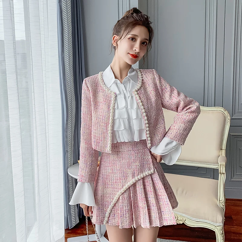 

New Style Authentic Photos: Chic Style Noble Tweed Coat + Petite Suit Pleated High-waisted Half Skirt + Shirt Two-piece Set