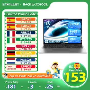 Teclast F16 Air Laptop da 16 pollici retroilluminato da 180 gradi Flip 16GB RAM 512GB ROM 1920x1200 IPS For Intel N95 CPU Supporto Mini-HDMI 1