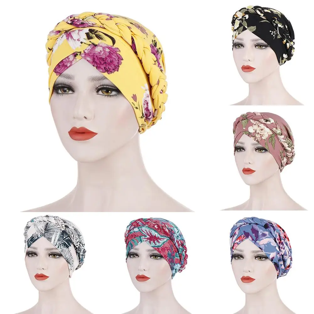 

Dropshipping!! Women Headwrap Flower Print Braid Lady Stretchy No Brim Indian Hat for Four Seasons