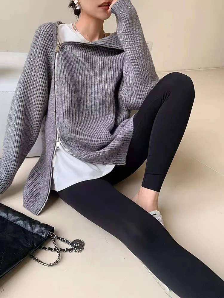 

Zipper Thicken Turtleneck Sweater Women Autum Winter Long Sleeve Chic Style Pullovers Streetwear Gray Knitted Outwear I986